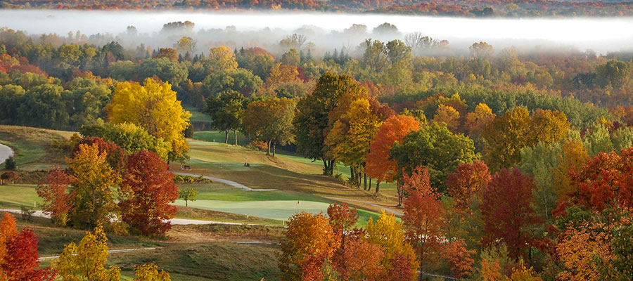 Quit Qui Oc Golf Course and Restaurant Fall Colors Through Foggy Air